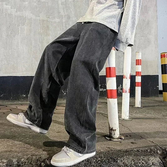 Men's Korean Streetwear Loose Wide-Leg Jeans - Straight Baggy Pants in Black & Light Blue